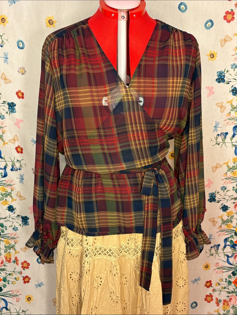 Chaps - Plaid Wrap Sheer Blouse in Burgundy, Green & Navy Ruffle Wrists